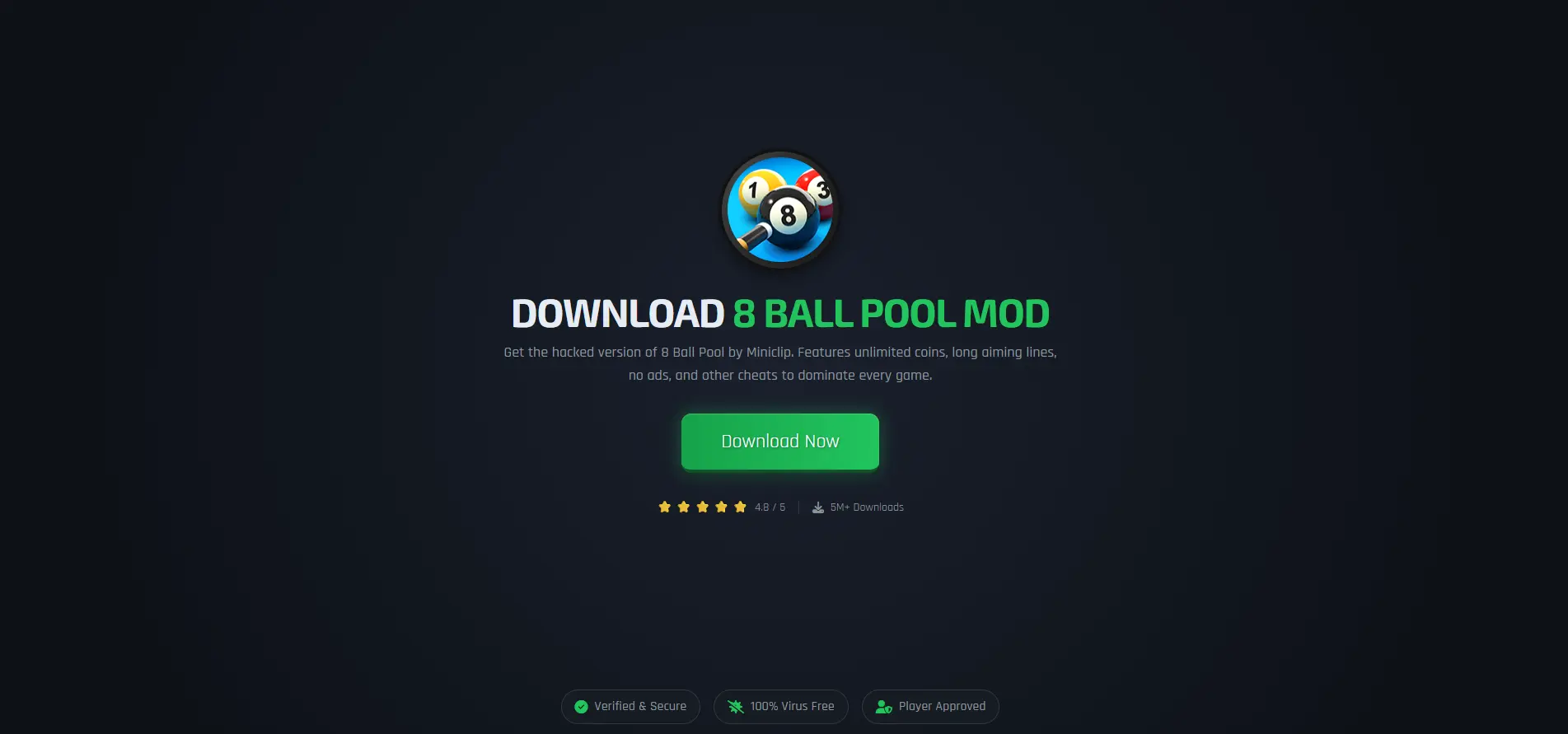Screenshot of the 8 Ball Pool MOD showing the extended aiming line feature for a precise shot.
