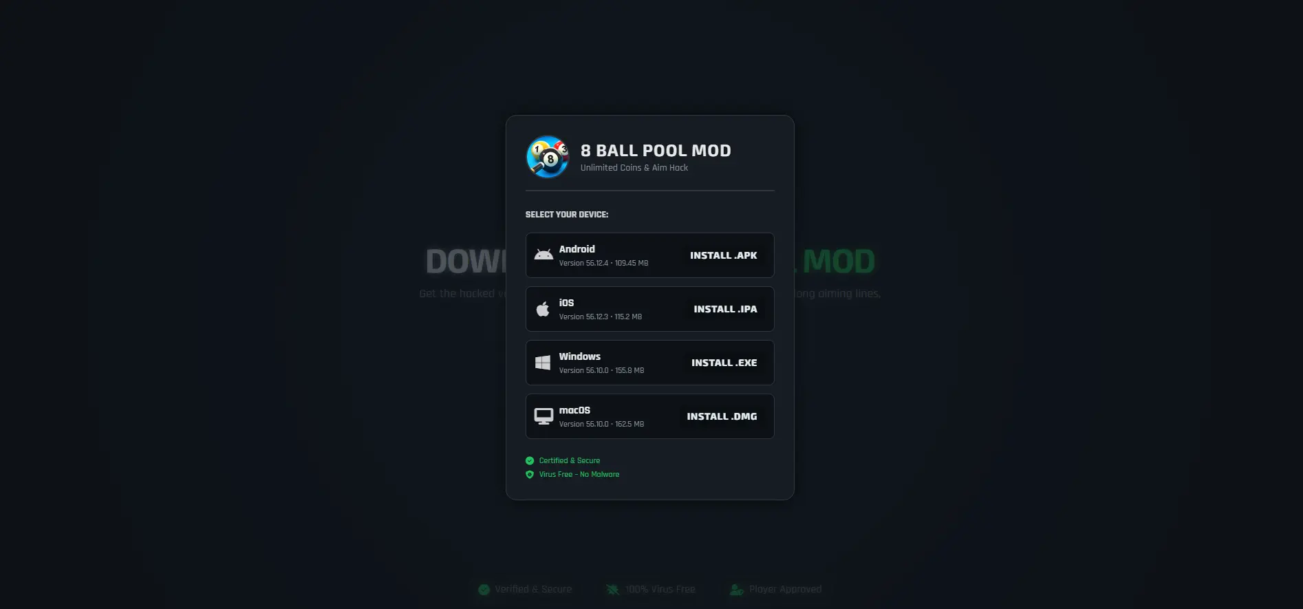 Screenshot of the 8 Ball Pool MOD interface displaying unlimited coins and cash.